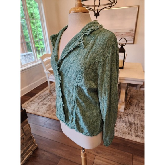 Tianello Tencel Blazer Paisley Print Green Medium Boho Fringe - Picture 5 of 7